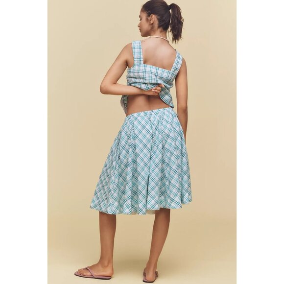 Maeve Drawstring A-Line Cotton Midi Skirt Blue Plaid XL - Picture 4 of 4